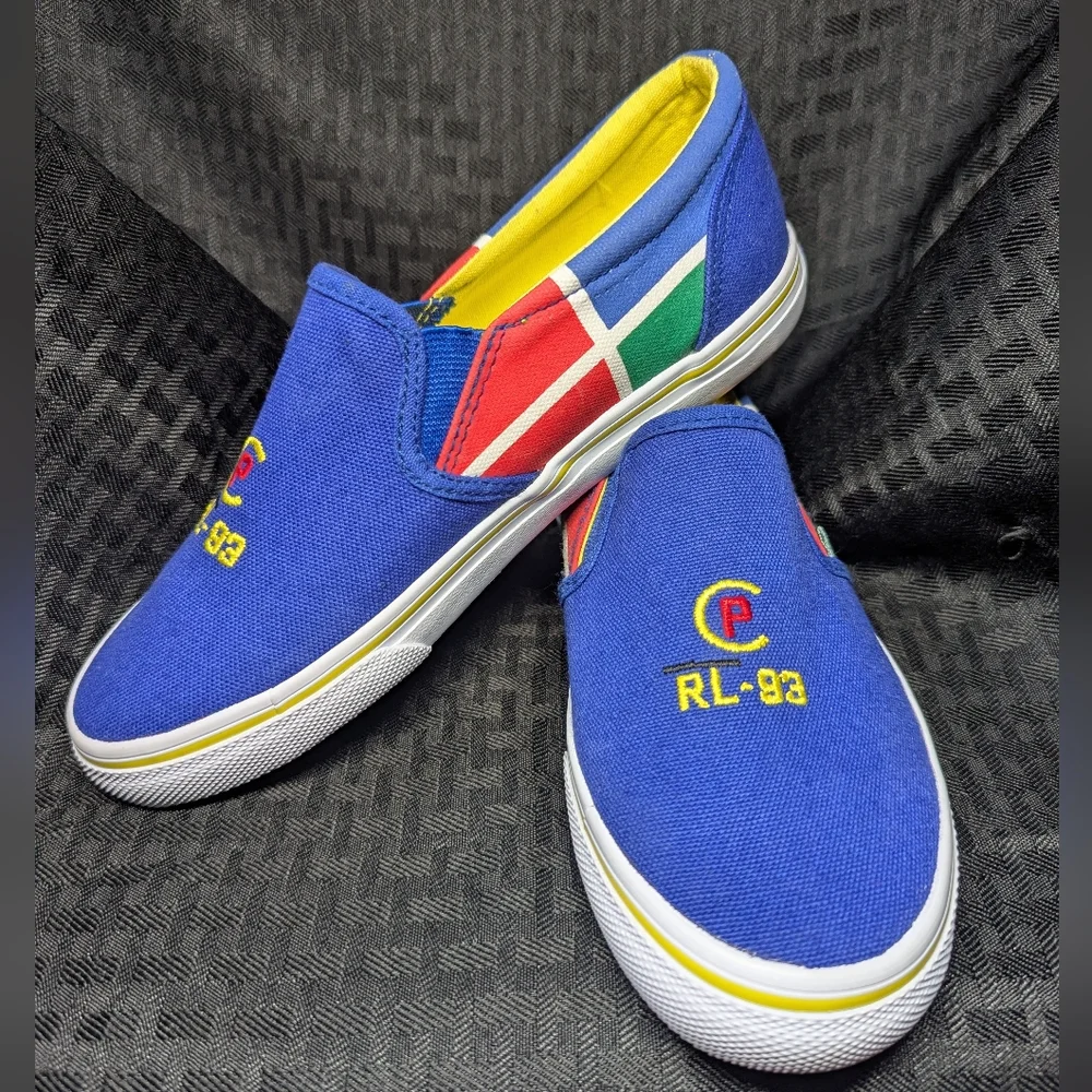 Blue And Yellow Ralph Lauren Polo Slip-On Sneakers with Embroidered RL-93 Logo.